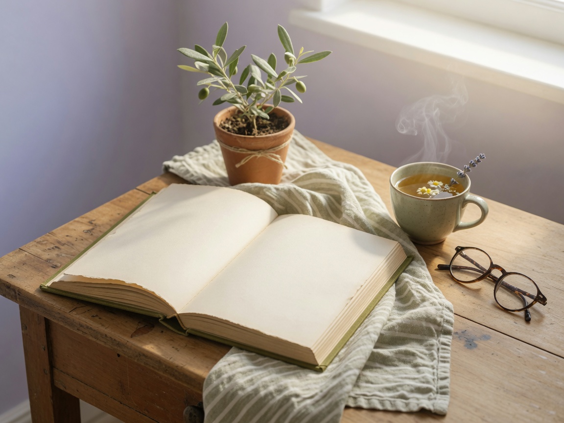 Biurko z książką, herbatą i rośliną — przestrzeń pracy Fundacji Wellness
